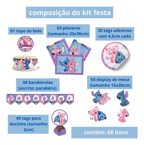 Kit Festa Completa 68pçs Stitch Decoração Aniversário